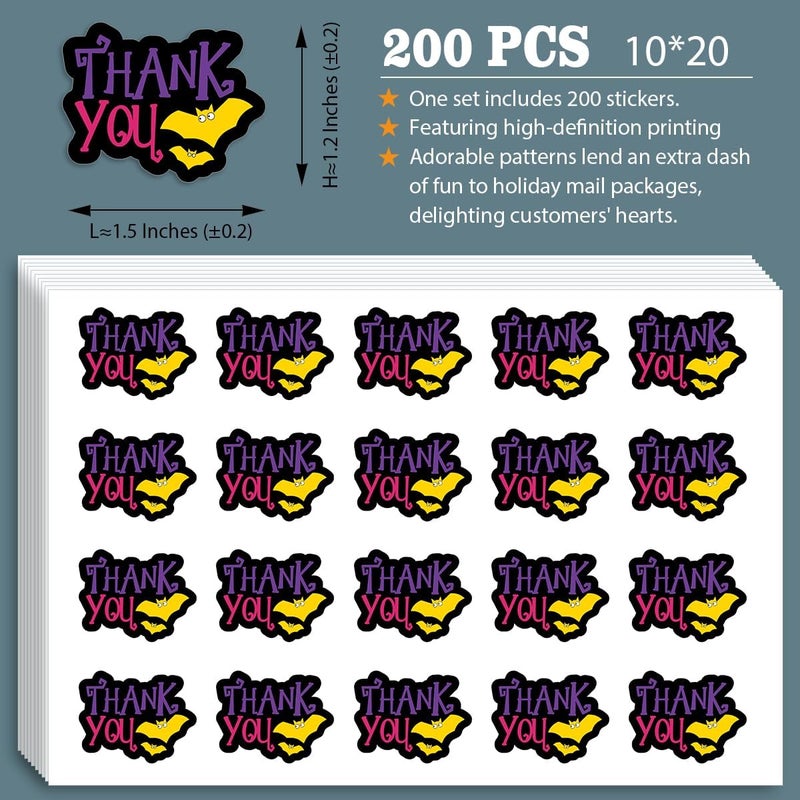 WUZYOU Halloween Business Stickers, Thanks You Labels for Online Stores Retail Shops and Small Businesses, Spooky Bat Design Perfect for Packages and Gift Wrapping, 200 PCS - Image 2